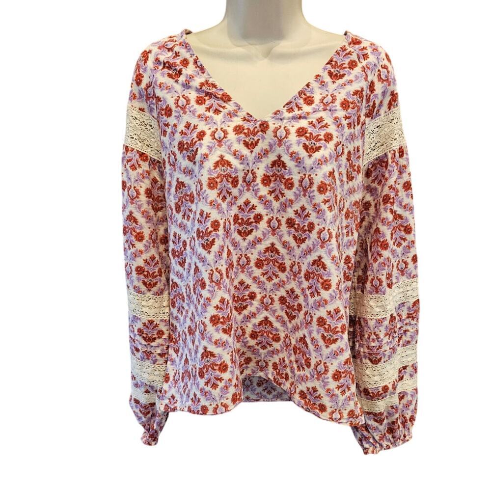 Anthropologie Eze Sur Mer Yvonne Blouse relaxed boho M Balloon Sleeves Tribal